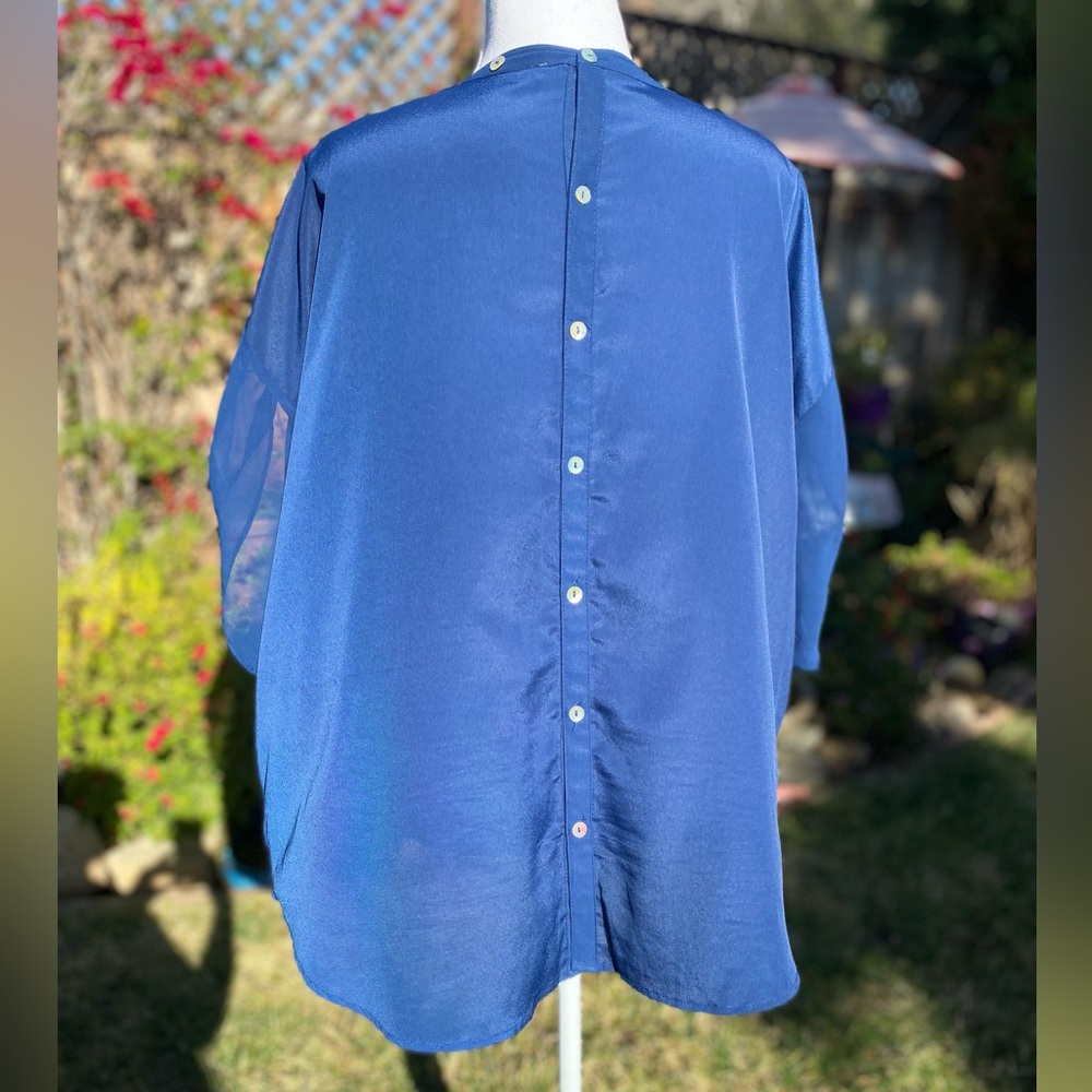 Blue Button Down Blouse With Sheer Top - image 2